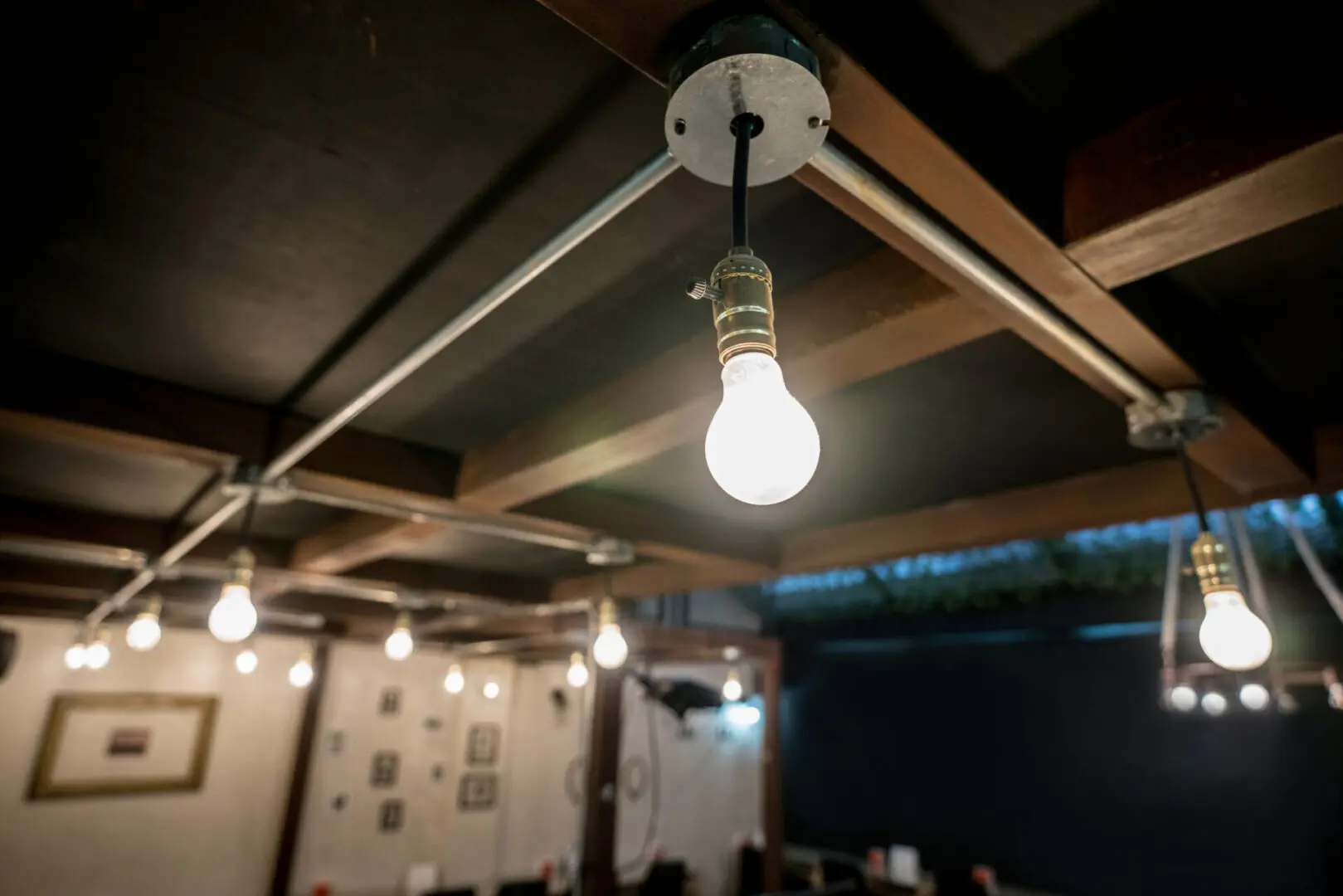 Hanging light bulbs in a dim room.
