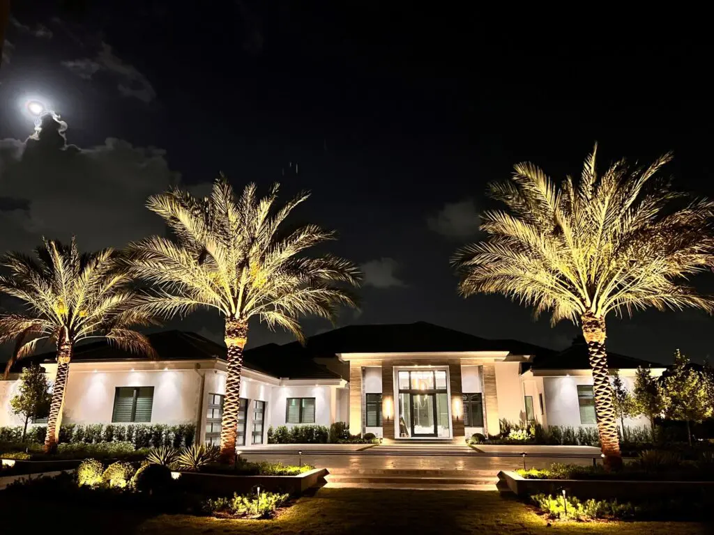 Illuminated house with palm trees at night.