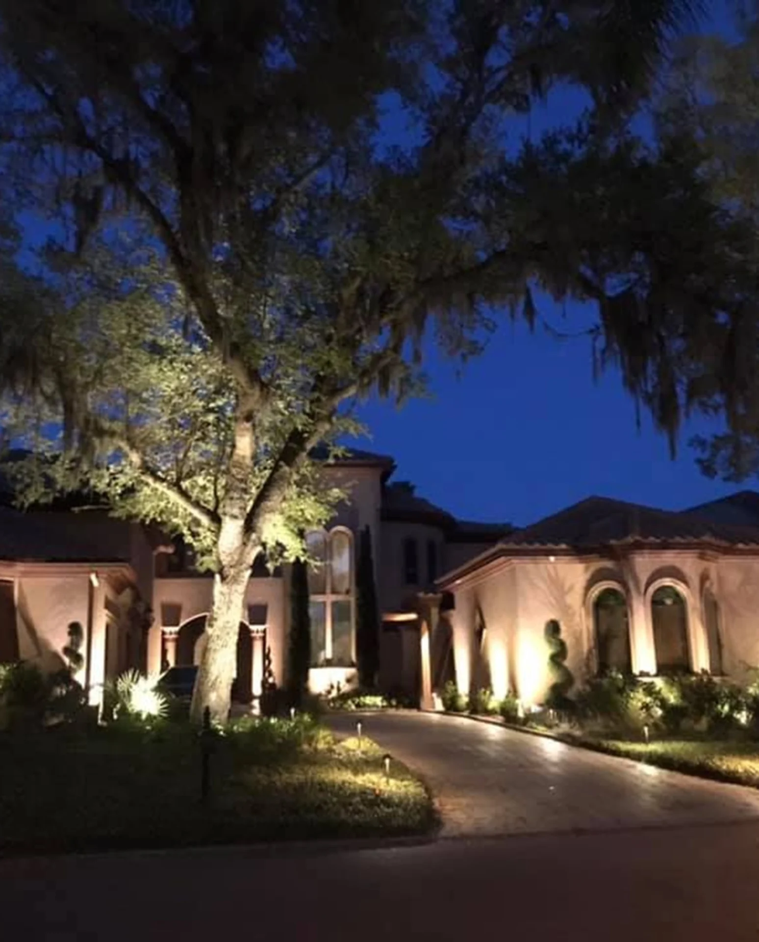 Illuminated house with tree at night.