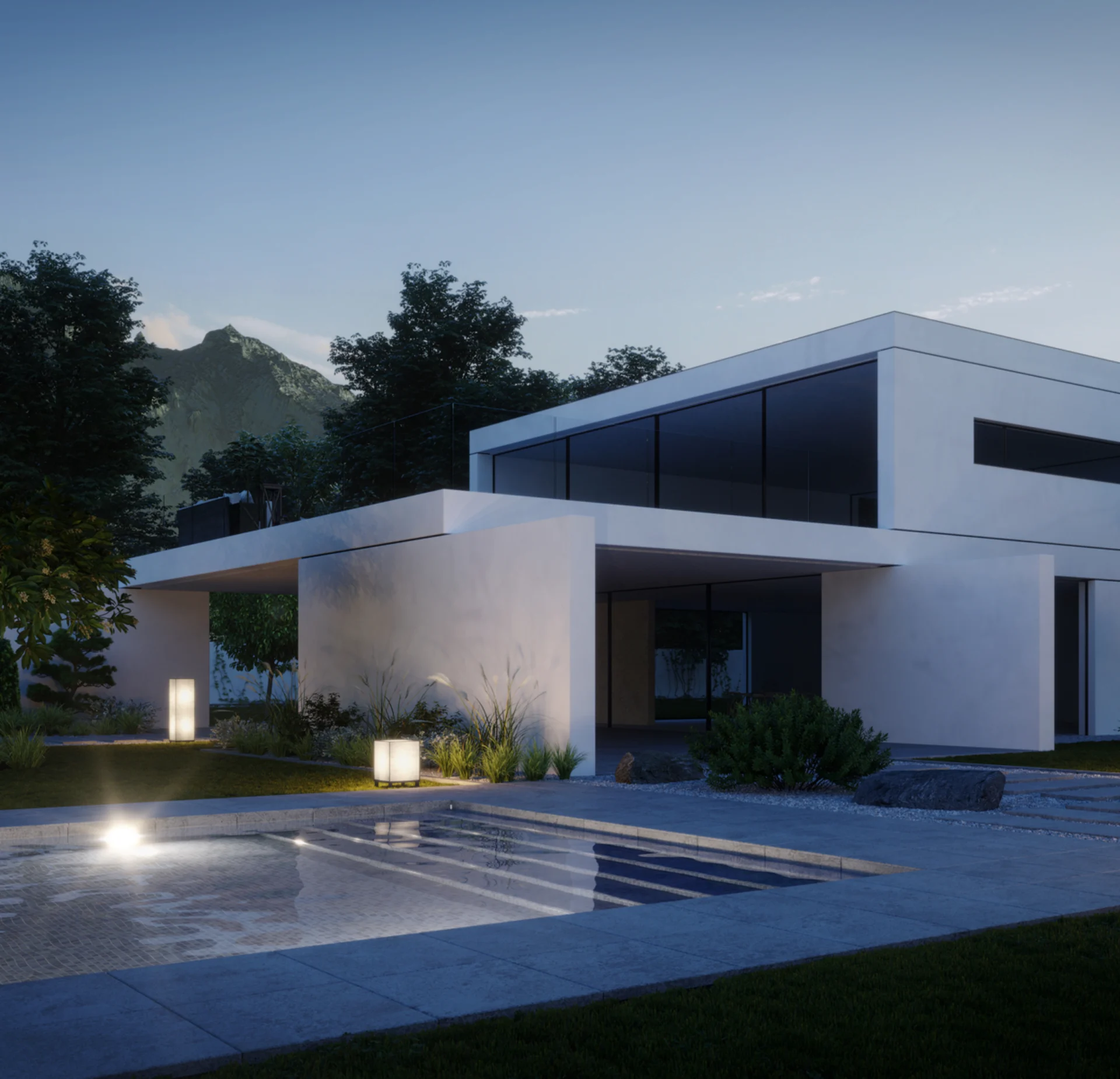 Modern house with pool at dusk.